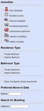 Screenshot of Housing Selection showing amenity, residence type and move-in date filters, as well as the ability to search for a building.