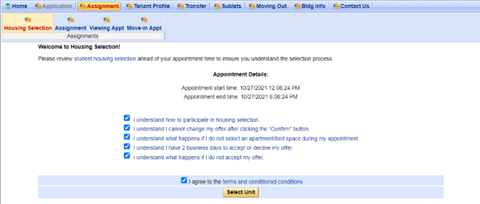 Screenshot of resident Housing Portal showing terms and conditions checkboxes that must be checked before signing into Housing Selection.