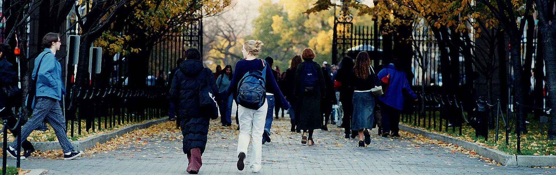 Students walk on campus along College Walk