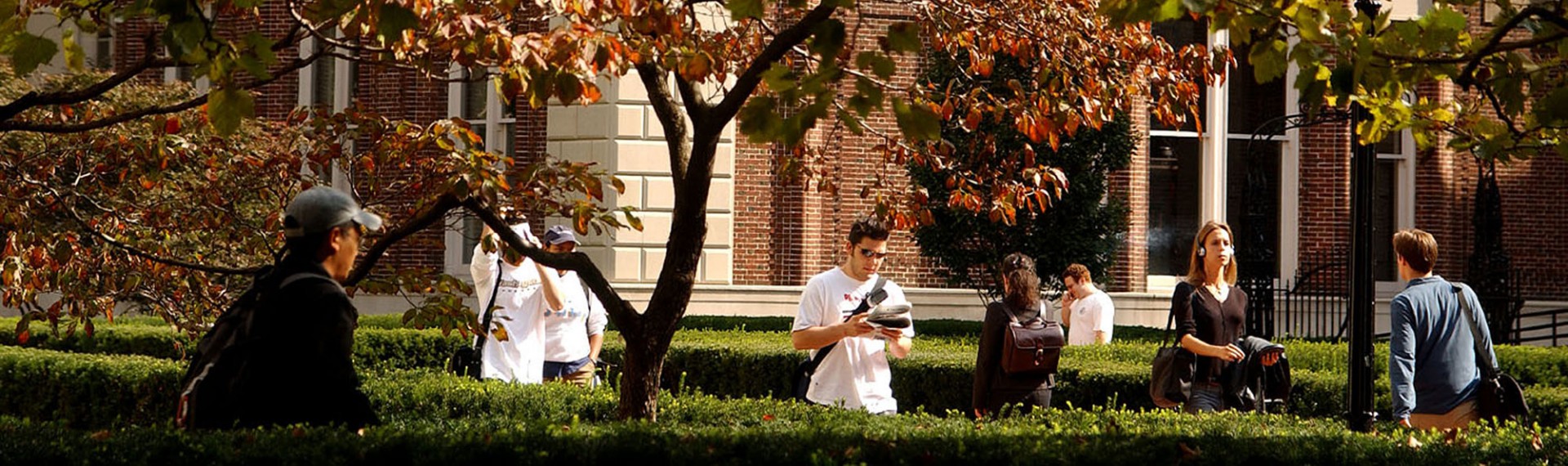 Students walk on campus along hedge-lined cobblestone paths