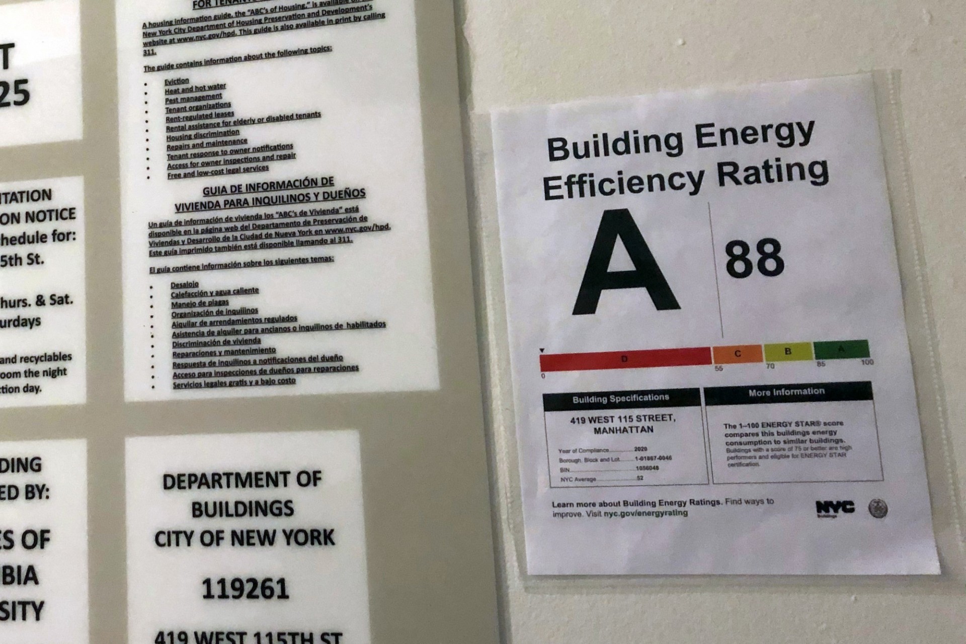 419 W 115th is one of many Columbia buildings that received an A rating for energy efficiency. A wall that has a sign that lists an A grade for the building's energy efficiency rating.