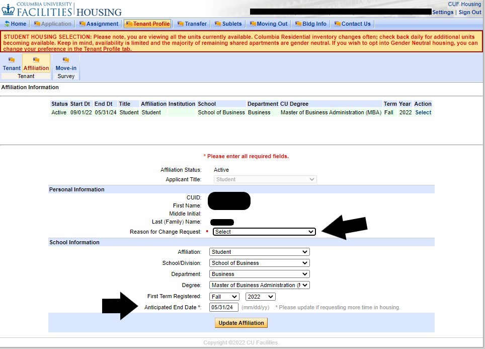 Screenshot of the Housing Portal, on the Tenant Profile tab, and submit a request in the Affiliation tab by selecting the “reason for the change request” and new anticipated end-date, then click Update Affiliation. 
