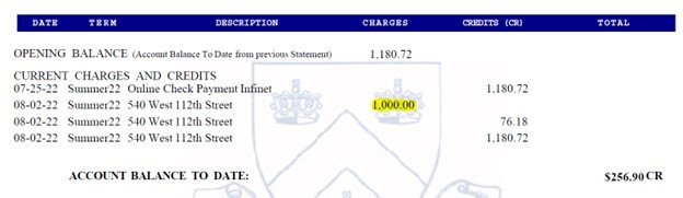 This screenshot shows an example of the Cancellation Fee charge of $1,000.