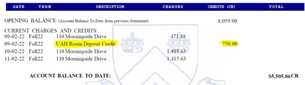 This screenshot shows where to look for the $750 Reservation Fee credit. It's credited back to your student account shortly after you moved in.