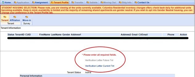 The screenshot shows where to locate the "Verification Letter" for current and previous tenants.