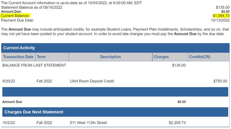 This image shows where to look for your "Current Balance" and "Amount Due"