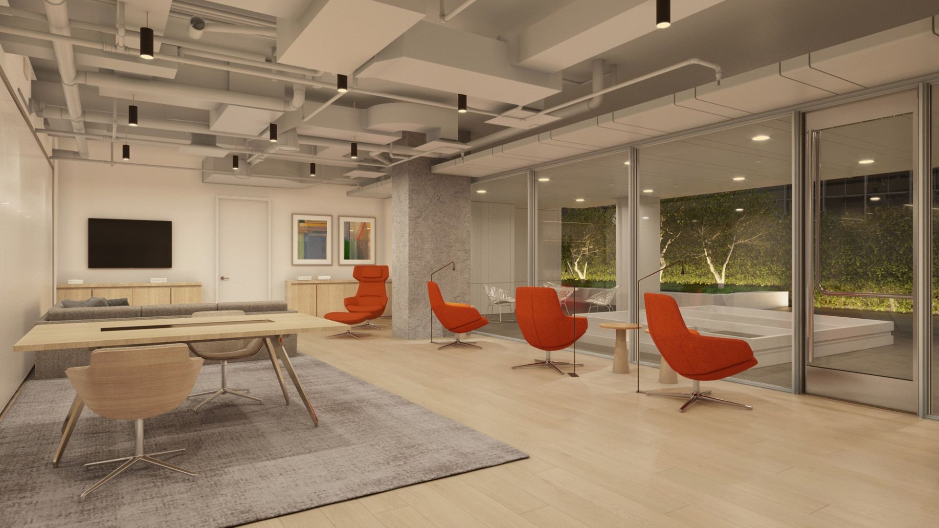 Rendering of the Faculty lounge, showing tables, lounge seating and windows facing a terrace and greenery.