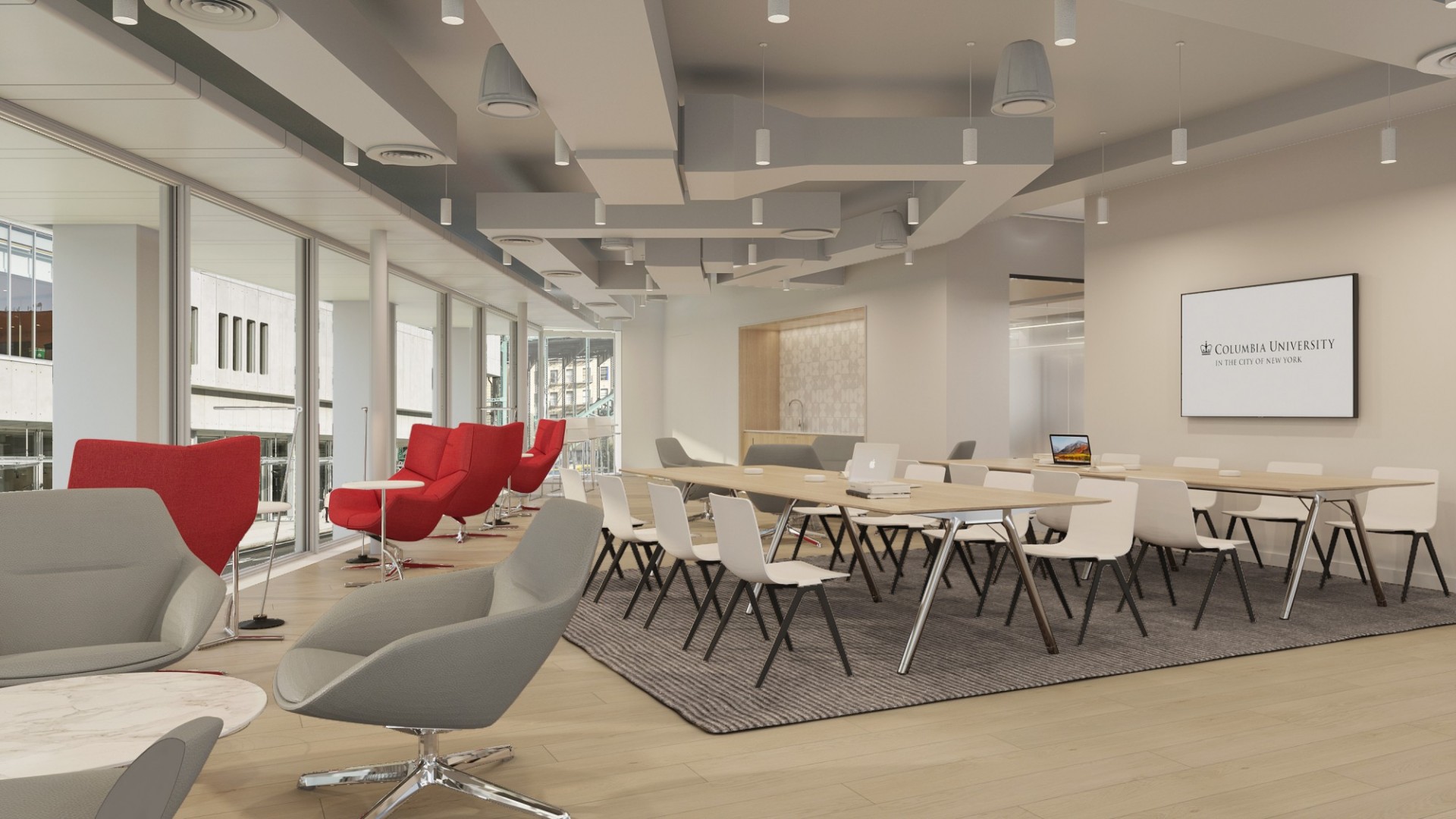 A rendering of a resident lounge at 600 W. 125th Street. A rendering of a resident lounge at 600 W. 125th Street with rows of tables, red and gray accent chairs facing windows, and a TV on the wall.