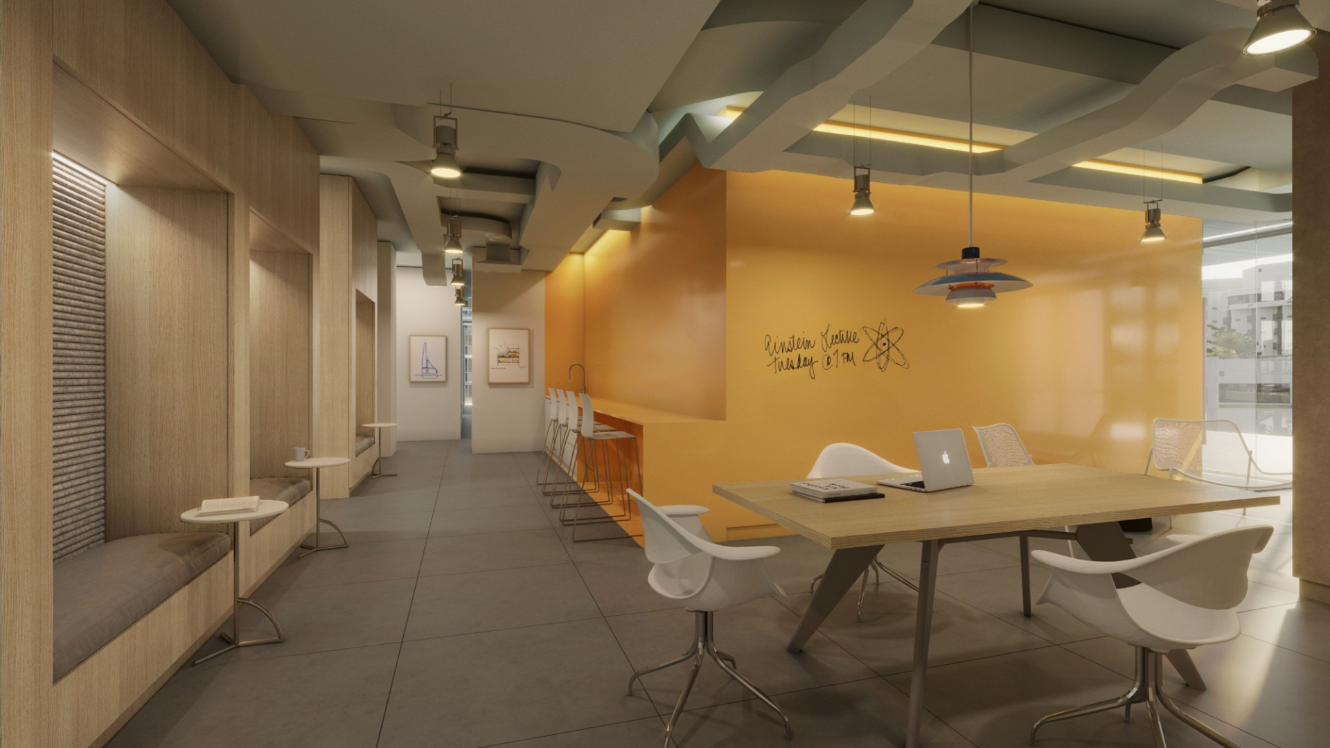 Rendering of the 6th floor corridor lounge, showing communal work and lounge space