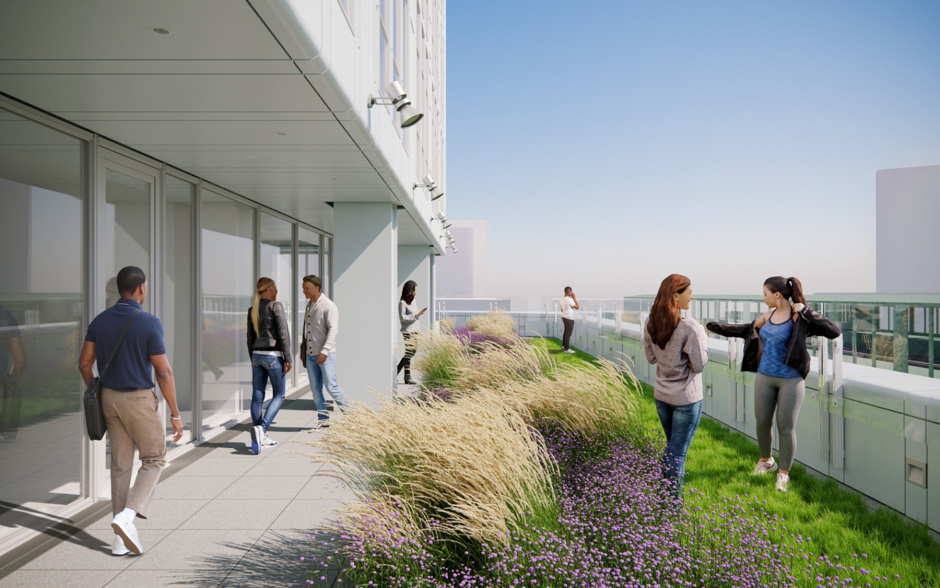 A rendering of a terrace on the sixth floor of 600 W. 125th Street. A rendering of a terrace on the sixth floor of 600 W. 125th Street that has a green area with grass and wildflowers.