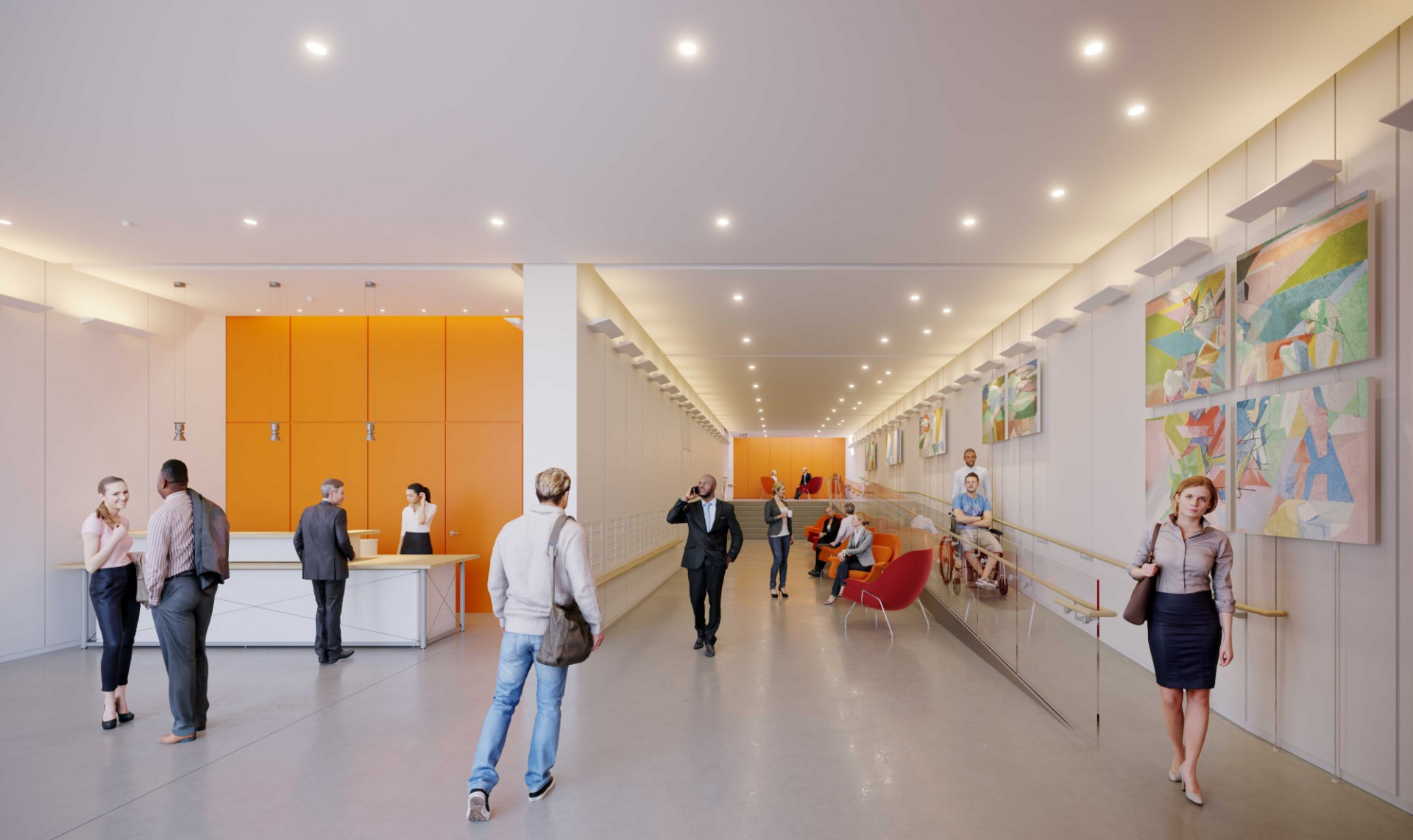 Rendering of the lobby of 600 West 125th Street, facing the welcome desk and pathway to the main elevators.