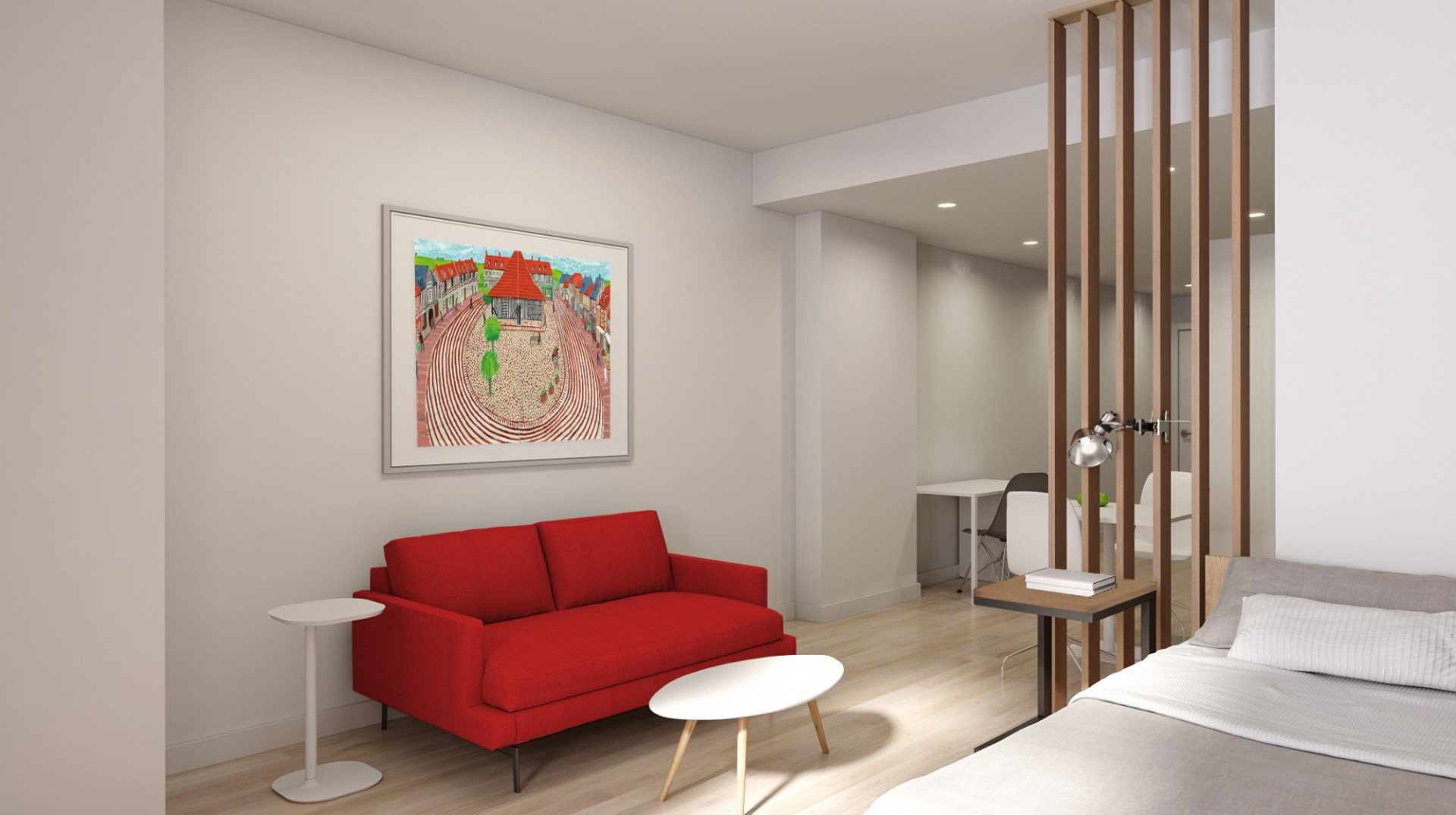 Rendering of student studio apartment, showing view of living space from sleeping alcove