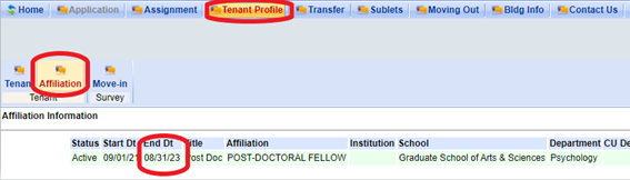 Screenshot of housing portal showing Tenant Portal and Affiliation tabs circled in red, along with the affiliation end date on file for the resident also circled in red.