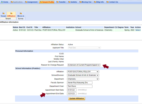 Screenshot of the Housing Portal, on the Tenant Profile tab, and submit a request in the Affiliation tab by selecting the “reason for the change request” and new anticipated end-date, then click Update Affiliation. 