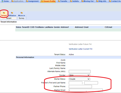 Screenshot of housing portal showing where partner information can be updated in the Tenant Profile.