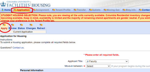 Screenshot of housing portal showing application tab circled in red.