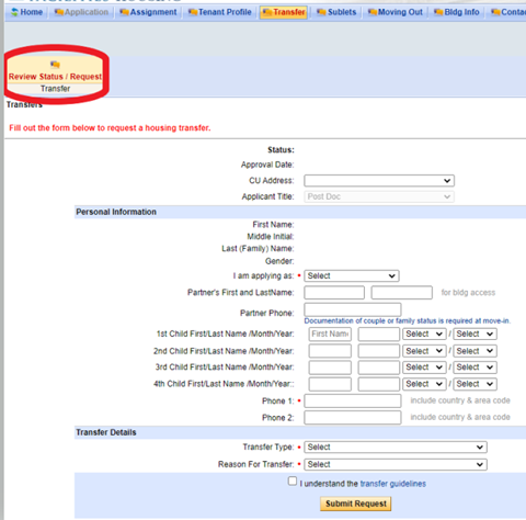 Screenshot of housing portal showing transfer tab and button that must be clicked (Review Status / Request Transfer) to submit new app.