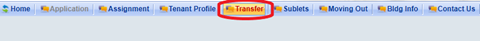 Screenshot of Housing Portal showing Transfer tab circled in red.