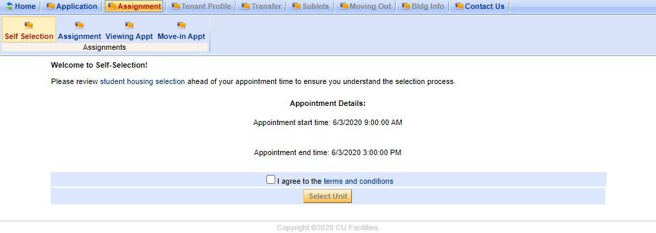 Screenshot of housing selection landing page with appointment time listed.