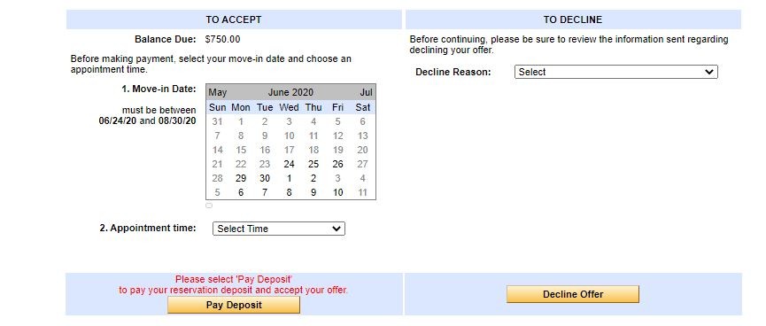 Screenshot of housing portal that shows balance due and appointment scheduler to accept an offer, as well as option to decline an offer.