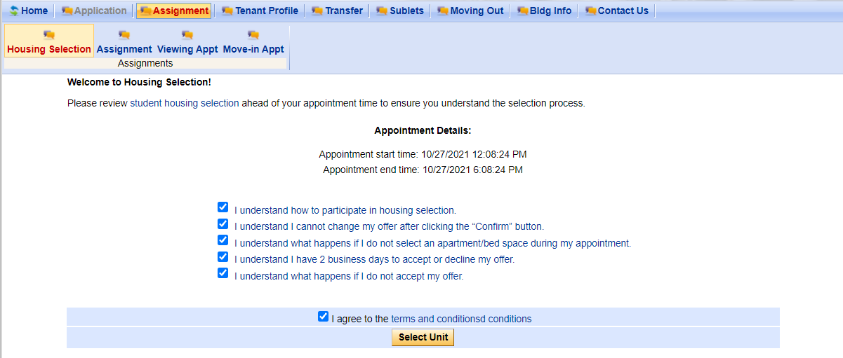 Screenshot of Housing Selection landing page showing acknowledgement checkboxes and "Select Unit" button.