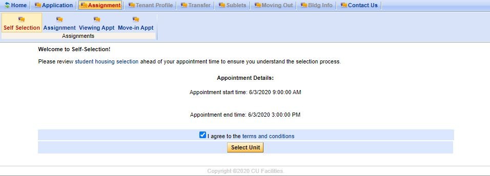 Screenshot of Housing Portal showing unit selection tab