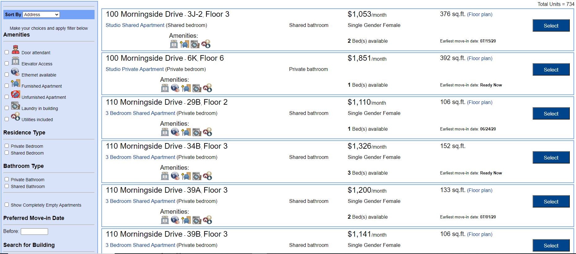 Screenshot of housing selection page showing list of units