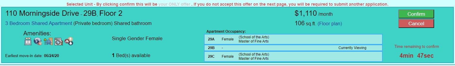 Screenshot of details provided on a selected unit in housing selection