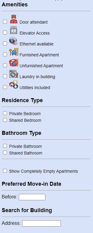 Screenshot of amenity filters available in housing selection