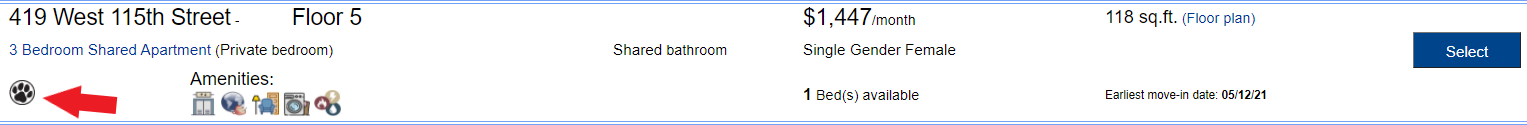 Screenshot of approved animal indicator in housing selection, with red arrow pointing to paw print that indicates whether a roommate has an approved animal in that apartment.