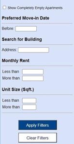 Screenshot of Housing Selection showing where you can filter by preferred move-in date, monthly rent, and  unit size.