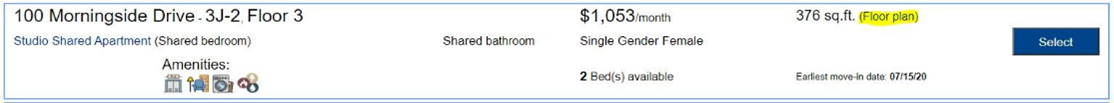 Screenshot of Housing Selection showing link to where a floorplan can be accessed, if one is available.