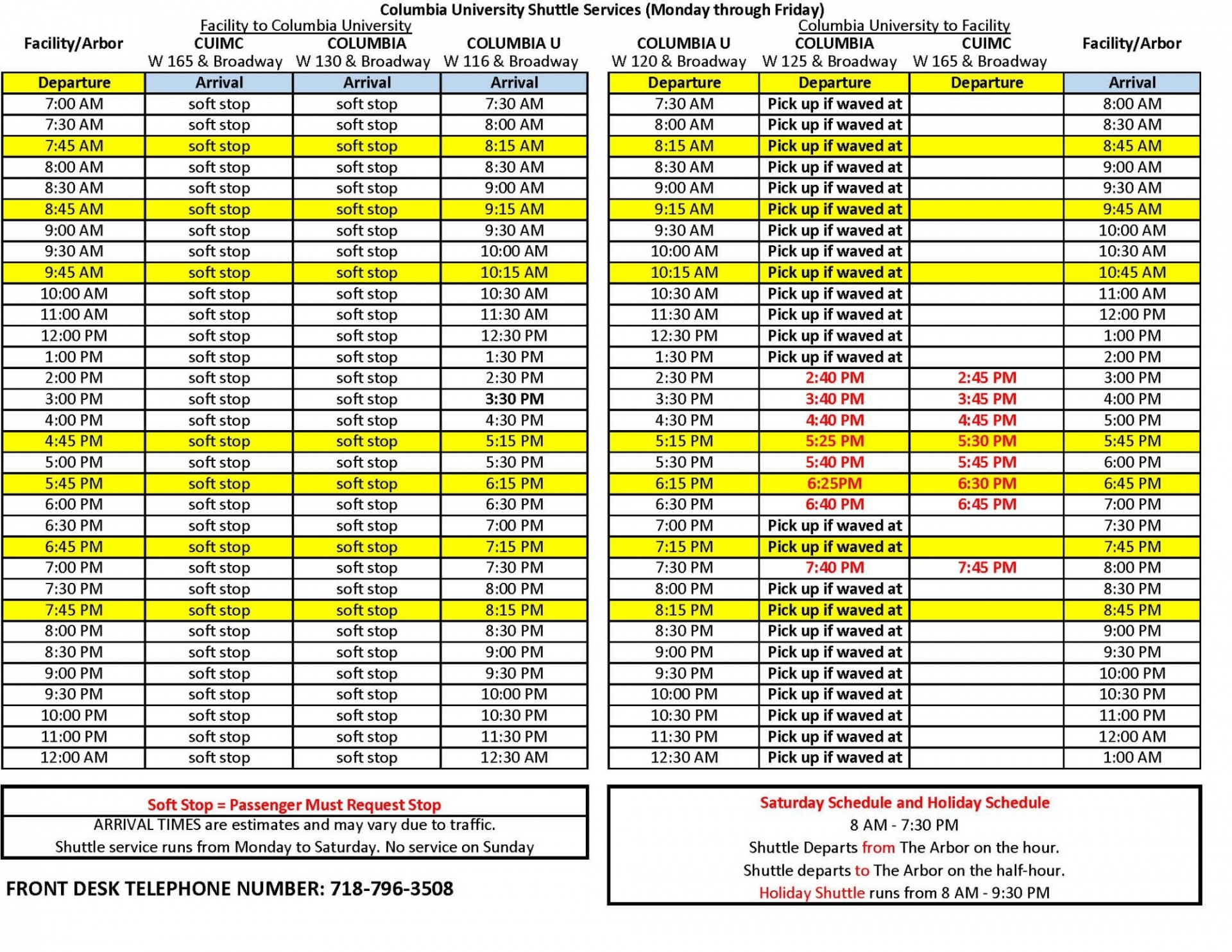 Snapshot of Arbor Shuttle Schedule