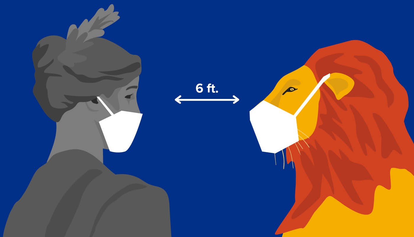 Alma Mater & Roar-ee the Lion wearing masks and physical distancing