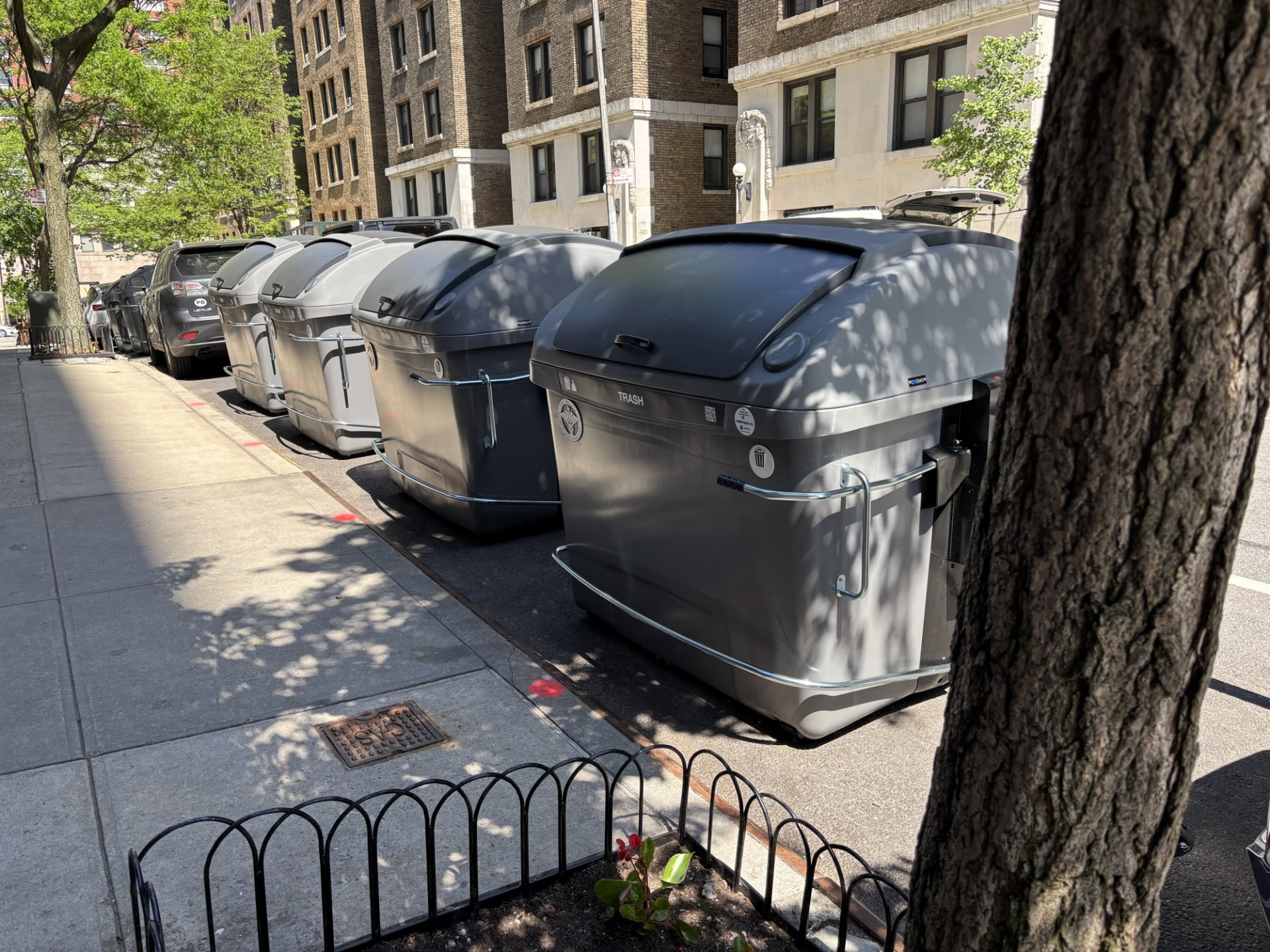 A row of large, gray garbage bins lined up along a city sidewalk next to a residential building. The bins are modern and have closed lids. There is a tree in the foreground on the right side, casting shadows on the sidewalk. The street and buildings are visible in the background.