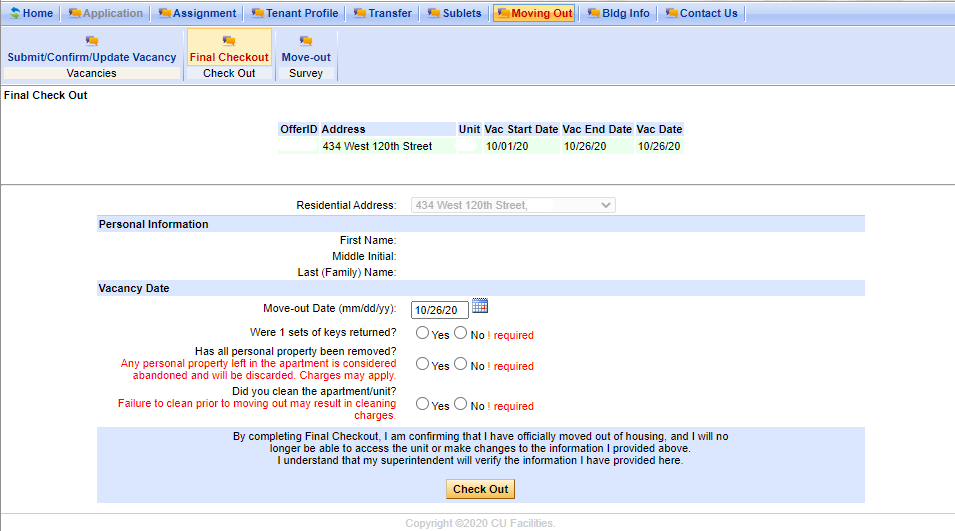 Screenshot of Final Checkout page in resident Housing Portal