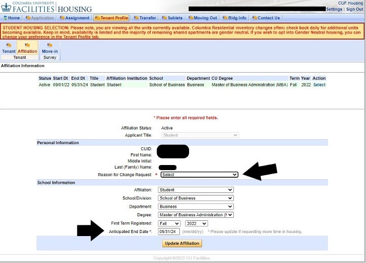 Log into Housing Portal, click the "Moving Out" tab and click "Submit/Confirm/Update Vacancy" subtab.