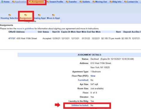 The image shows where to look for Utility information. Log into the Portal, click "Assignment", then the "Assignment" subtab to see "Utilities Included:"