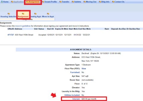 The image shows where to look for Internet information. Log into the Portal, click "Assignment", then the "Assignment" subtab to see "Utilities Included:"