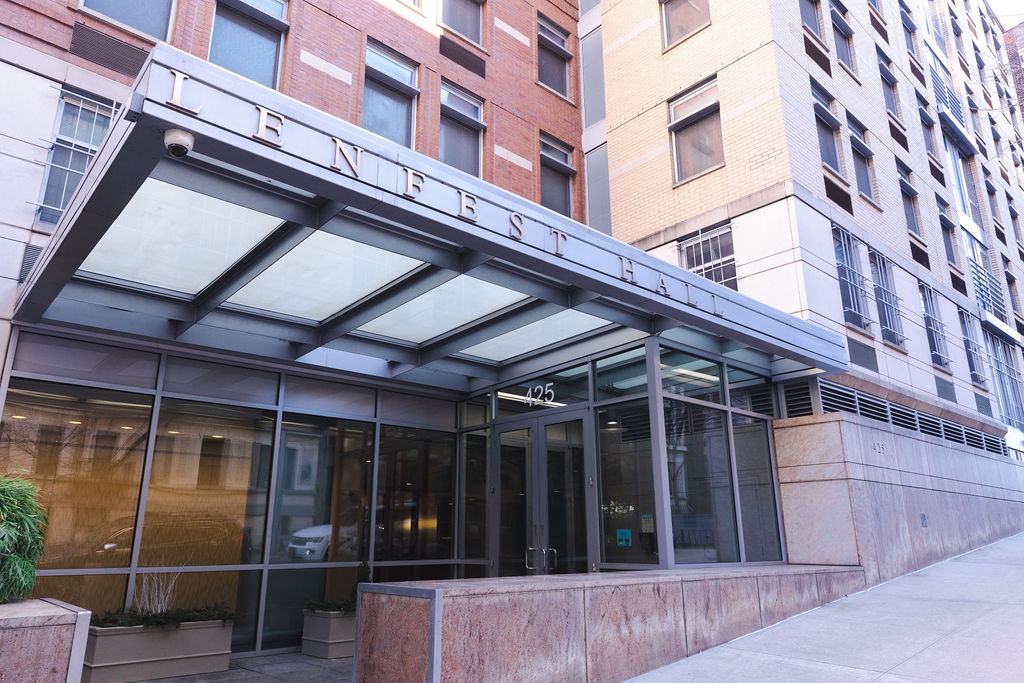 Photo of building entrance and awning that says "Lenfest Hall"