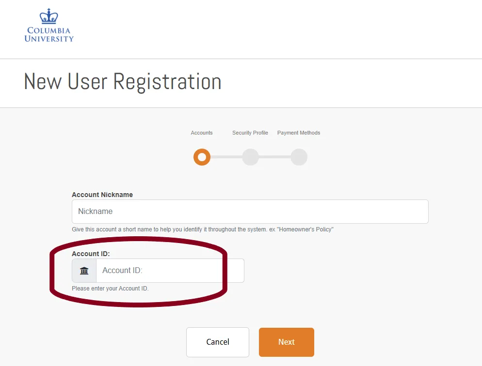 Screenshot of new payment portal showing the "Account ID" section