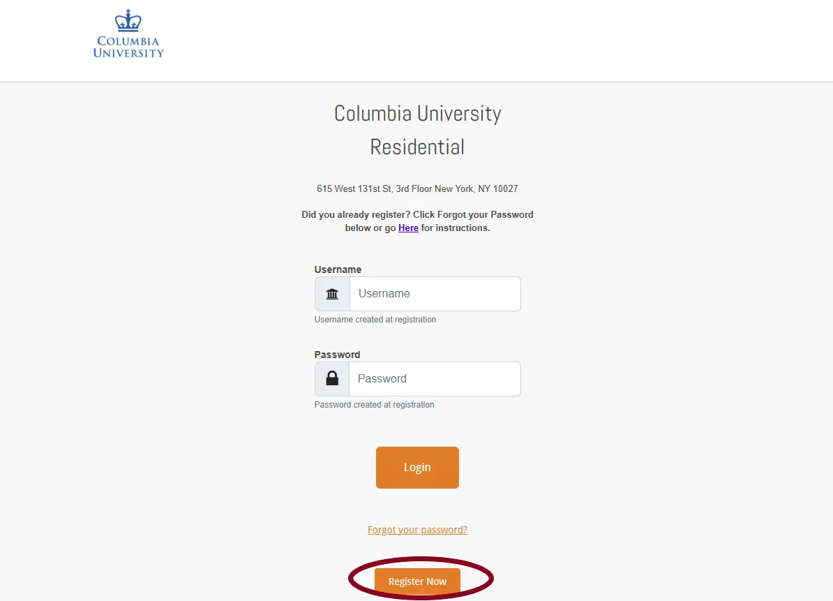 Screenshot of the payment portal page showing the "Register" button