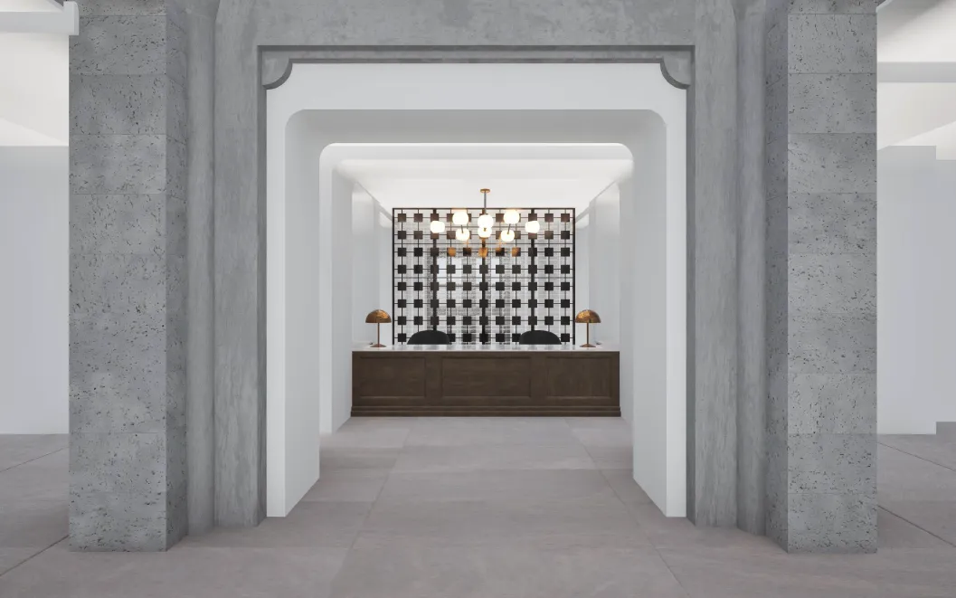 Rendering of lobby and reception desk at 99 Claremont from building entrance