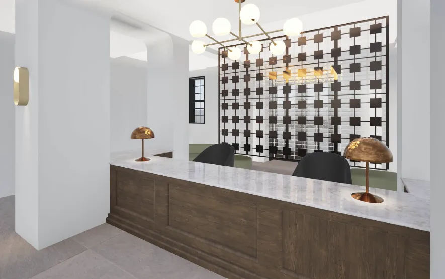 Rendering of reception desk at 99 