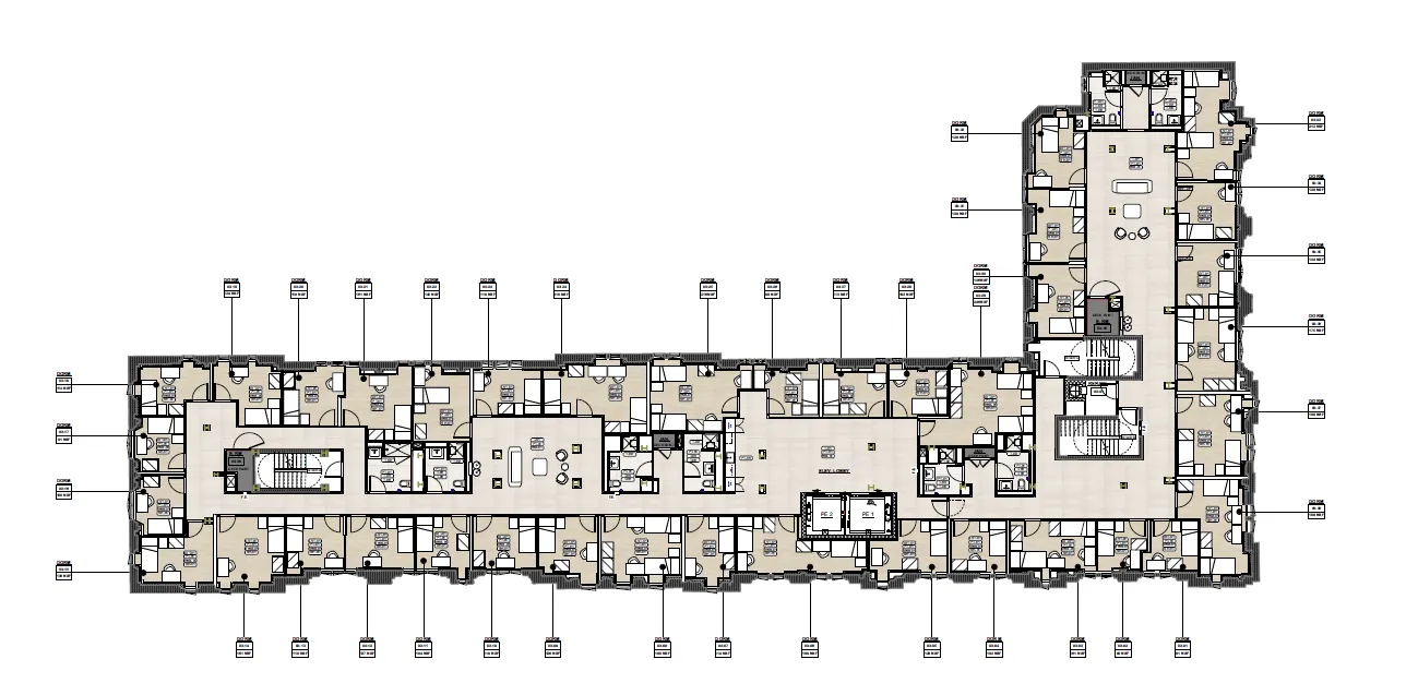 Typical floorplan showing corridor-style rooms and floor lounges