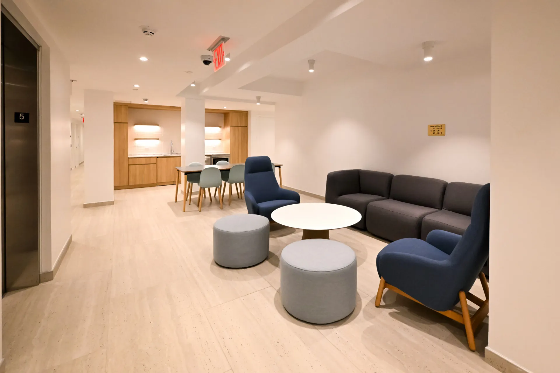 Resident floor lounge seating and kitchenette. Credit: Diane Bondareff