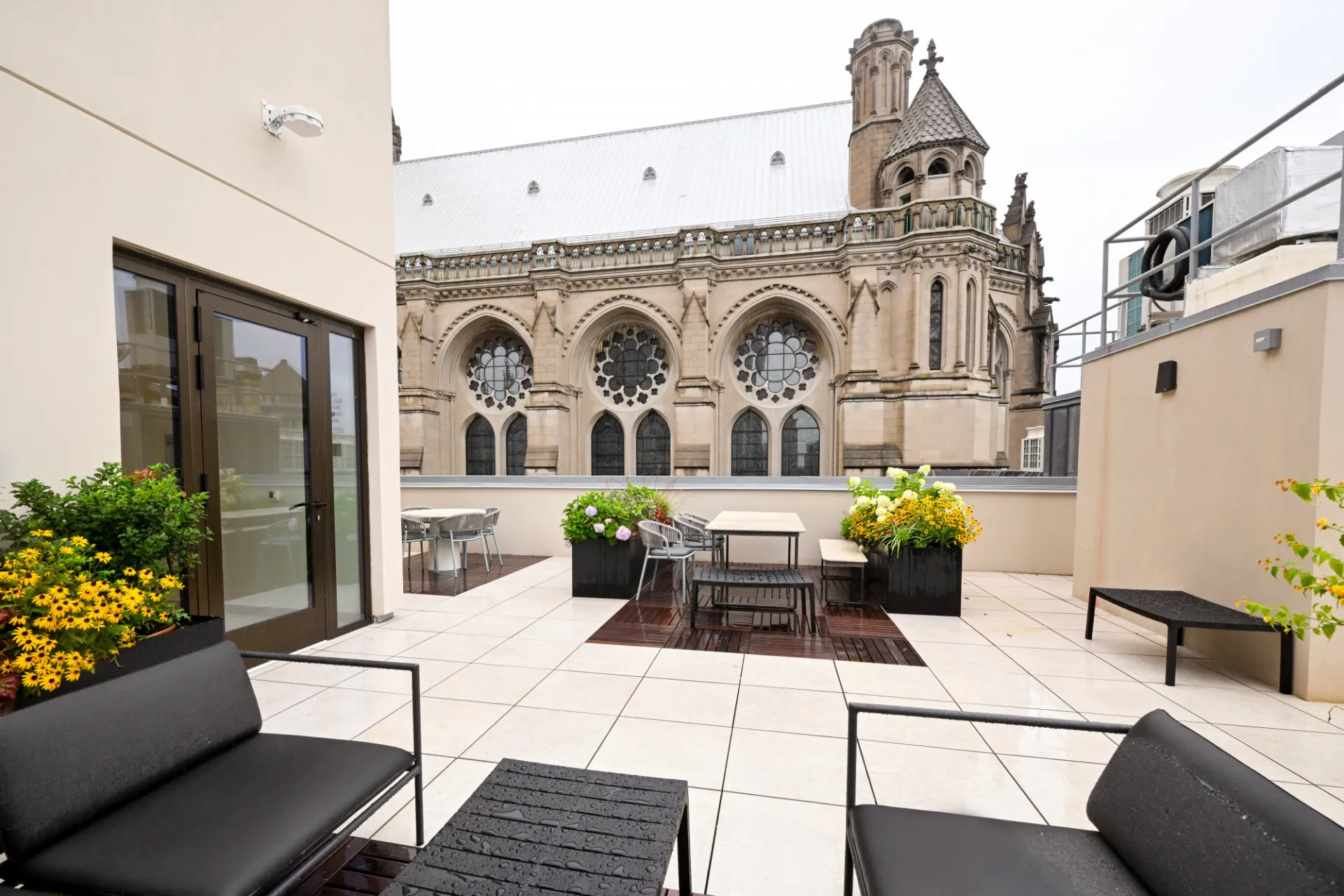 Roof Deck showing seating and Riverside Church in background. Credit: Diane Bondareff