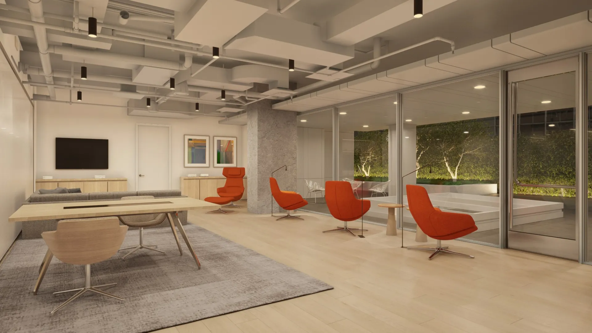 Rendering of the Faculty lounge, showing tables, lounge seating and windows facing a terrace and greenery.