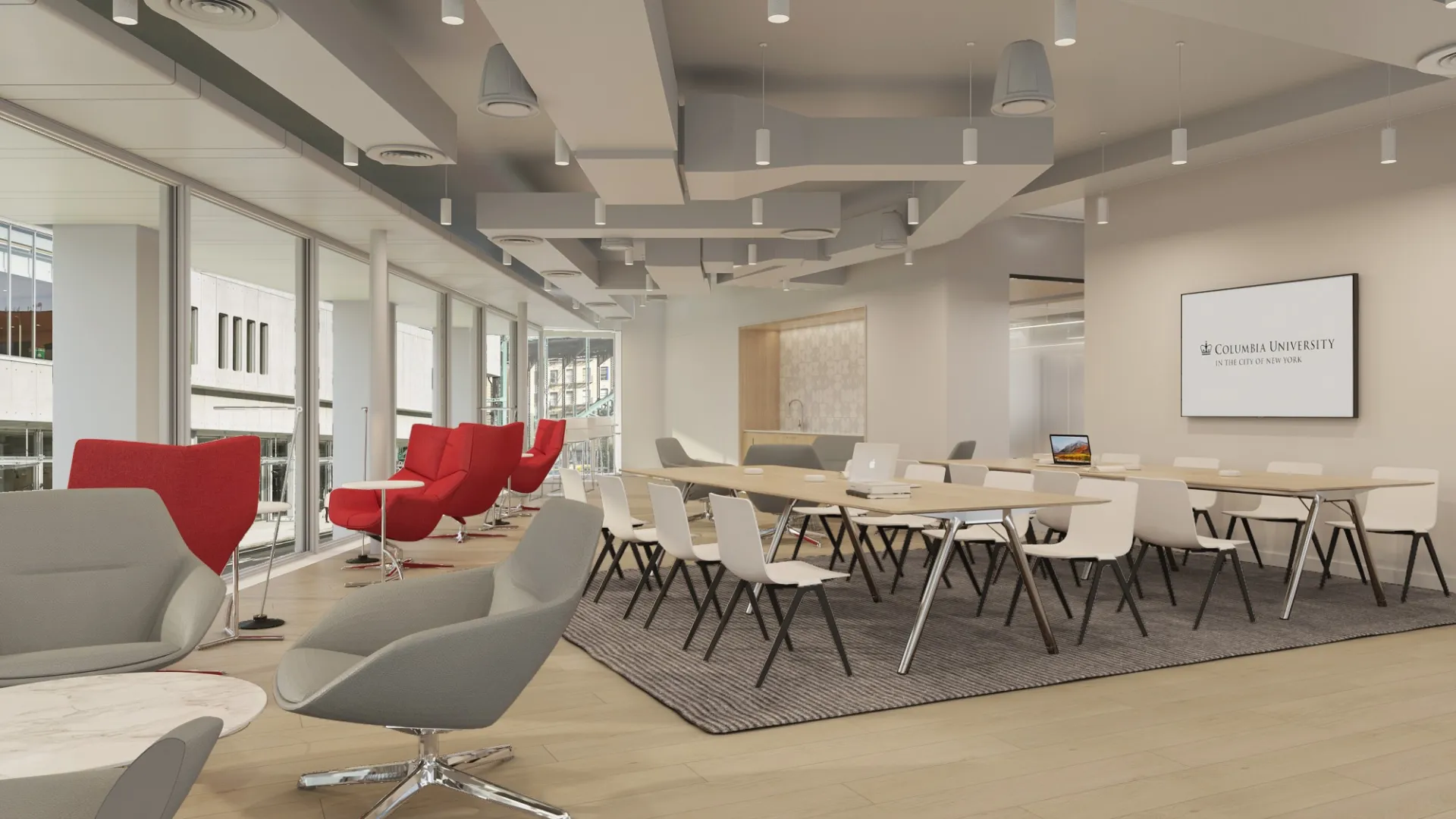 Rendering of the resident lounge showing tables and lounge seating and windows.