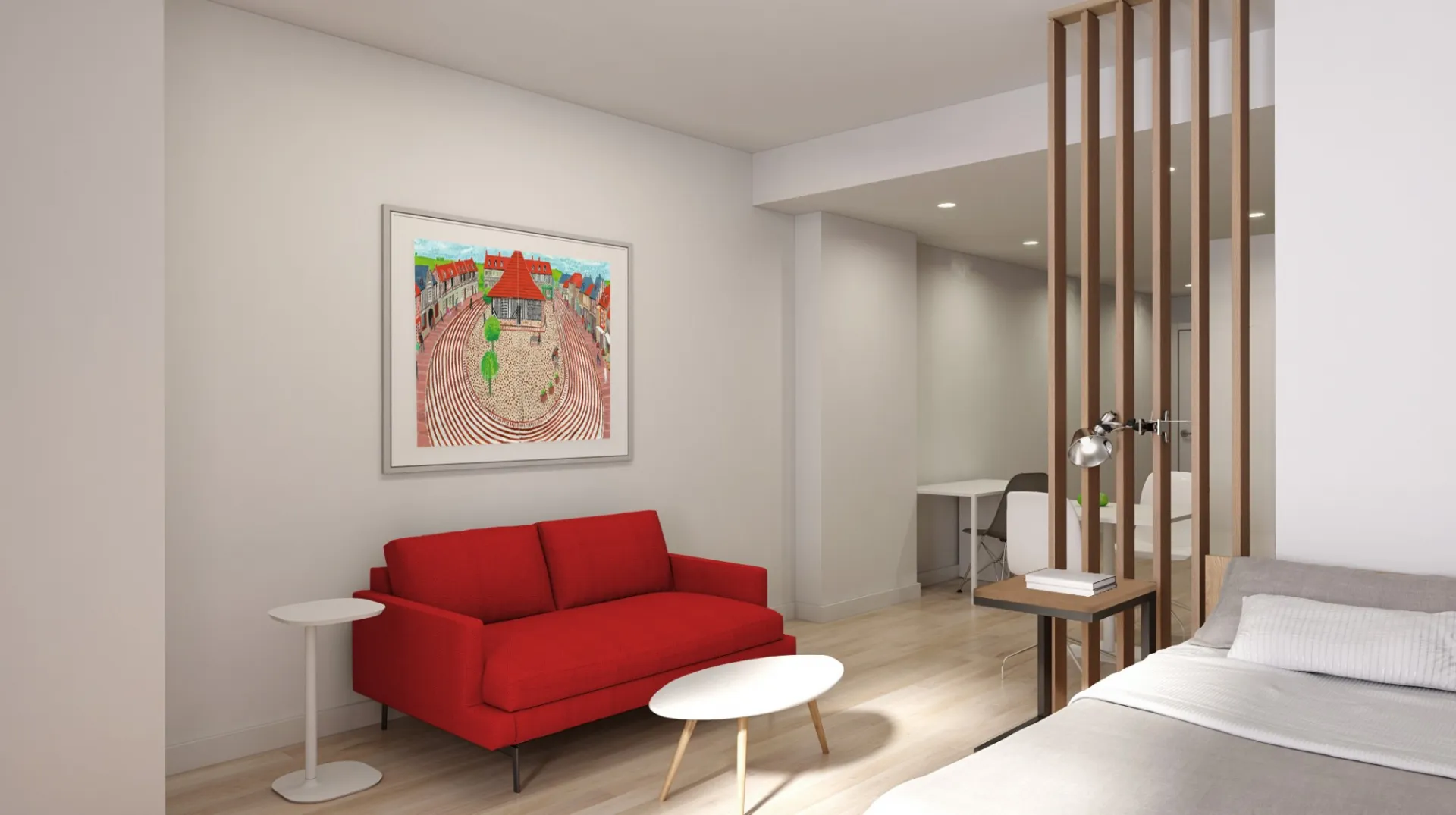 Rendering of student studio apartment, showing view of living space from sleeping alcove